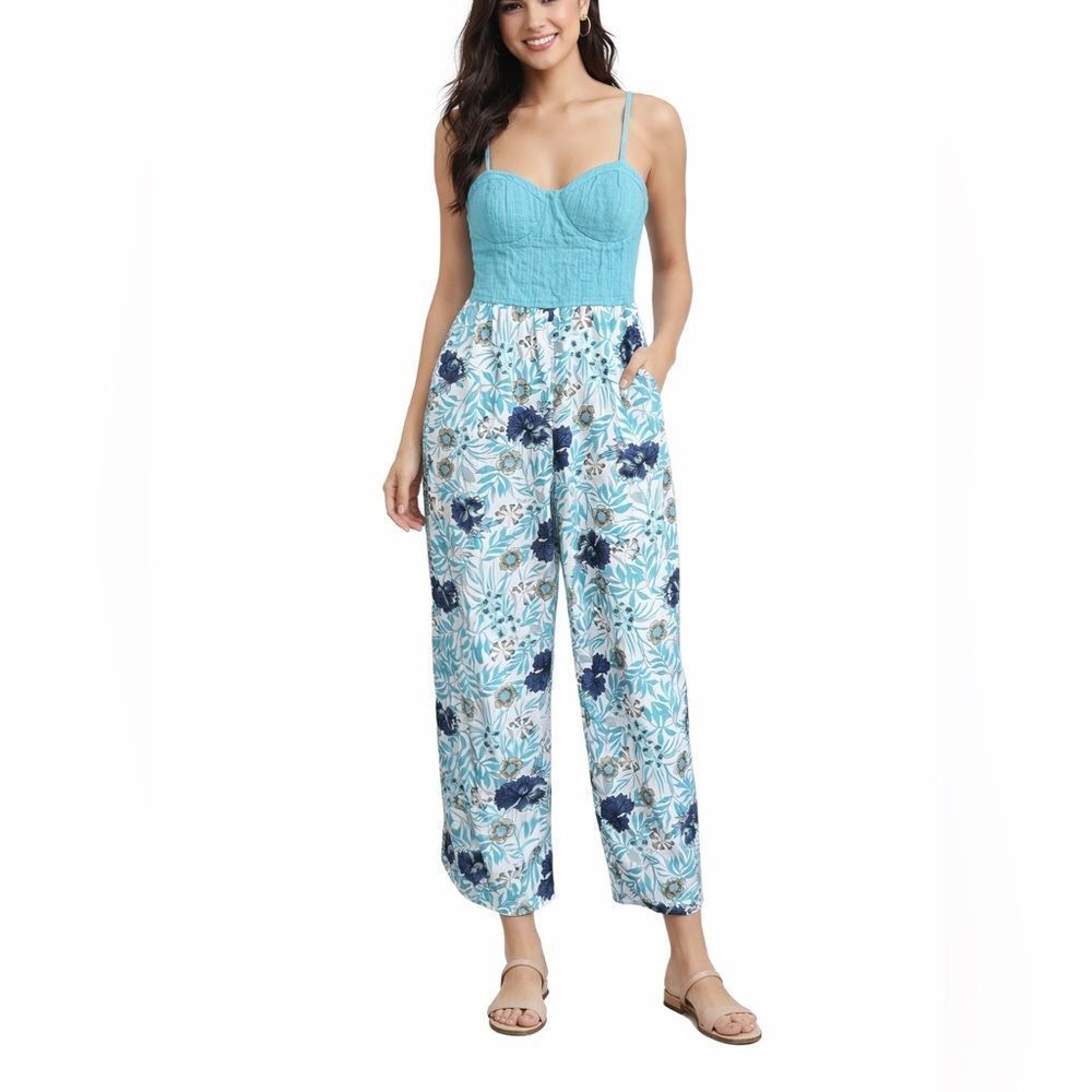 BOG Collection Jumpsuit Blue Floral Pockets Wide Leg 100% Cotton Casual SZ M